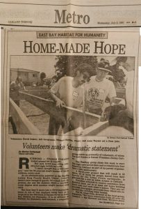 Oakland Tribune newspaper page dated July 3, 1991, with the headline “Home-Made Hope” about East Bay Habitat for Humanity. The article describes volunteers building homes for families in need and making a “dramatic statement” about affordable housing. A large photo shows three volunteers, including David Soister.